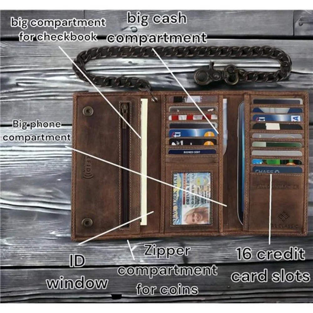 CLASSIC RFID Blocking Mens Tri-fold Long Style Cowhide Leather Steel Chain